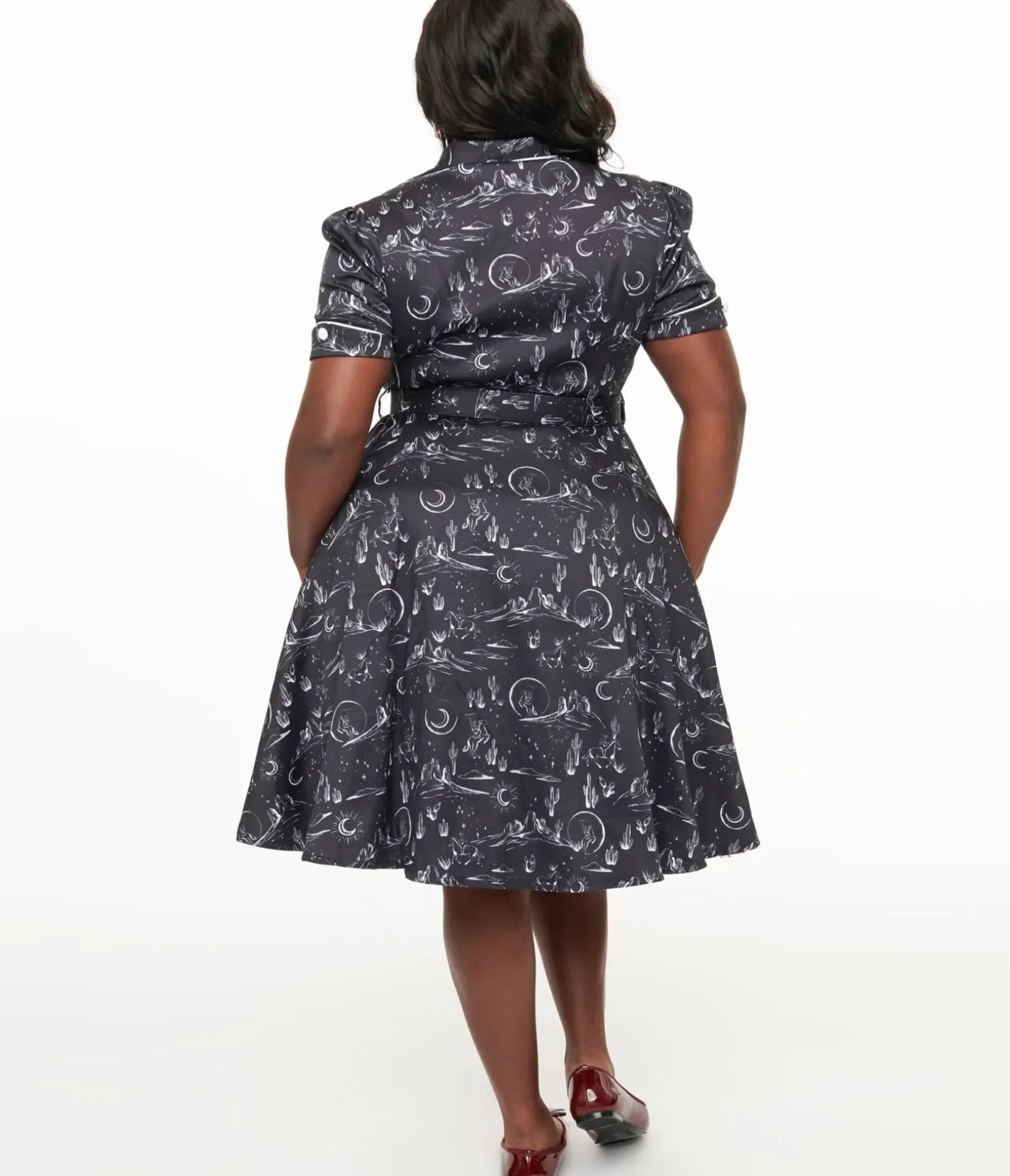 Unique Vintage Fit & Flare|Pocket Dresses>Voodoo Vixen Plus Size 1950s Black & White Midnight Western Fit & Flare Dress