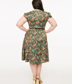Unique Vintage Swing|Pocket Dresses>Voodoo Vixen Plus Size 1950s Green Woodland Creatures Print Swing Dress
