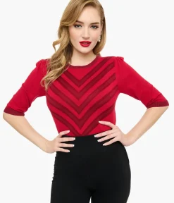 Unique Vintage Sweaters & Cardigans|All Things Red>Voodoo Vixen Red & Berry Chevron Sweater