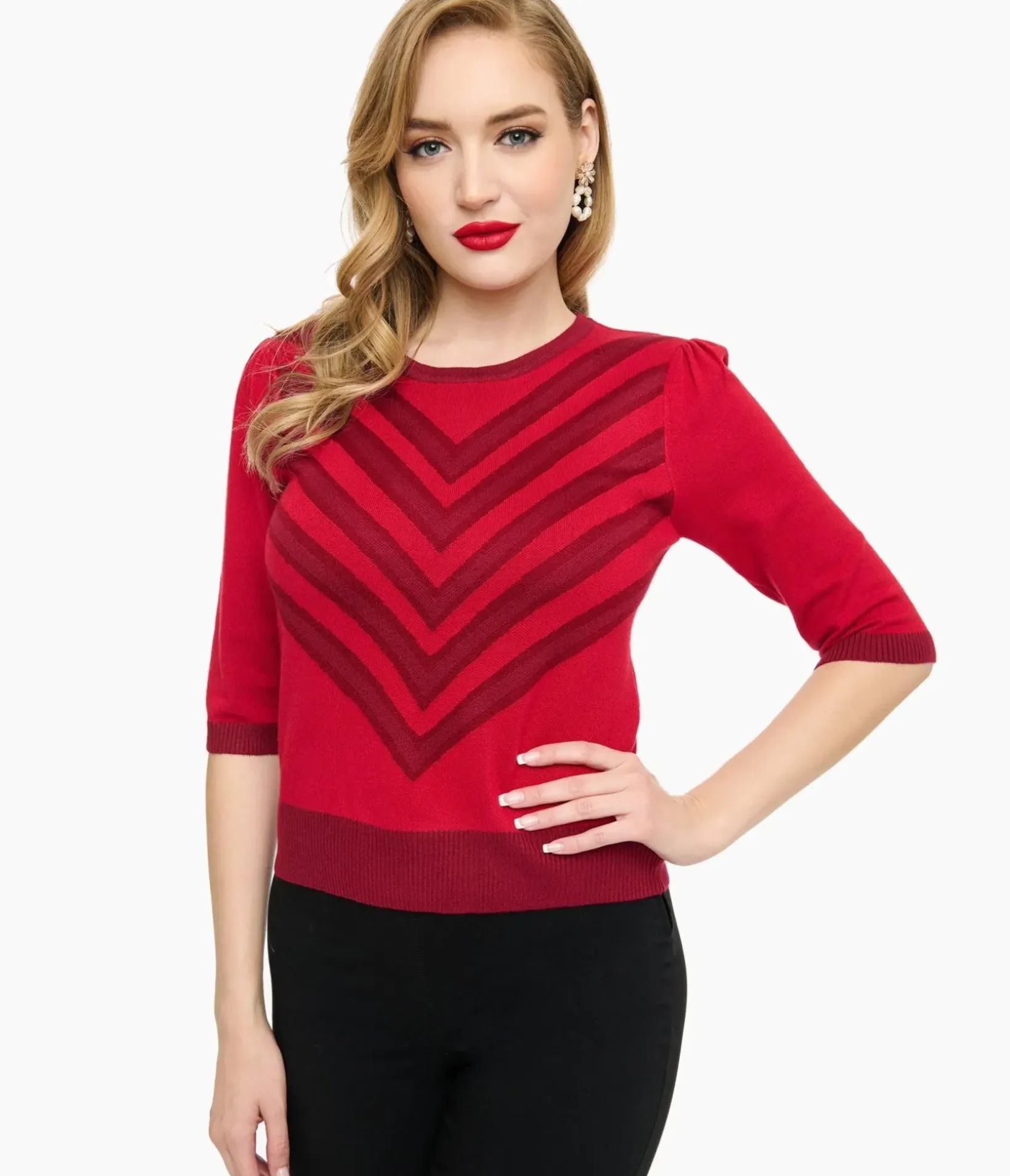 Unique Vintage Sweaters & Cardigans|All Things Red>Voodoo Vixen Red & Berry Chevron Sweater