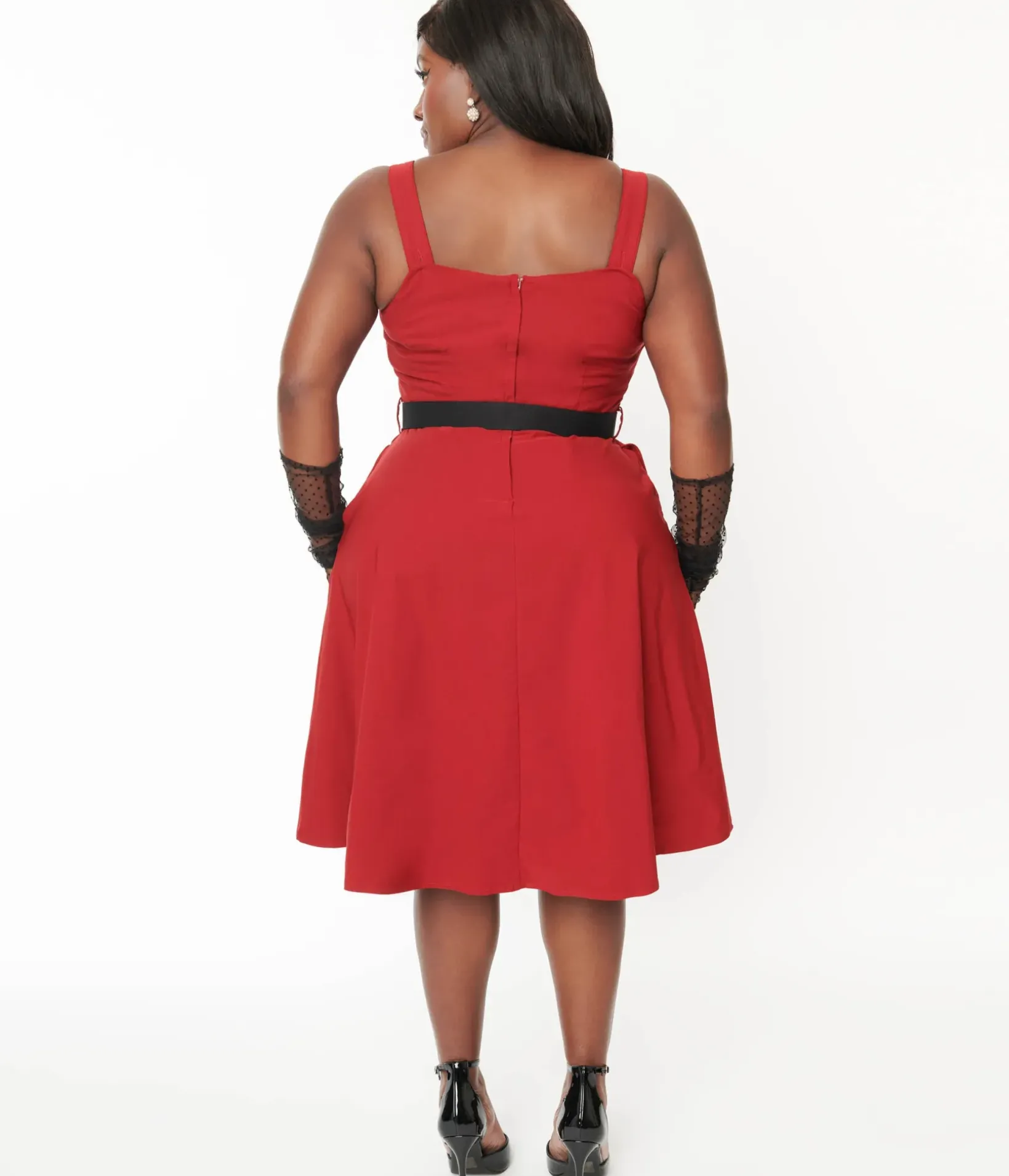 Unique Vintage Fit & Flare|Pocket Dresses>Voodoo Vixen Red & Black Heart Buckle Flare Dress