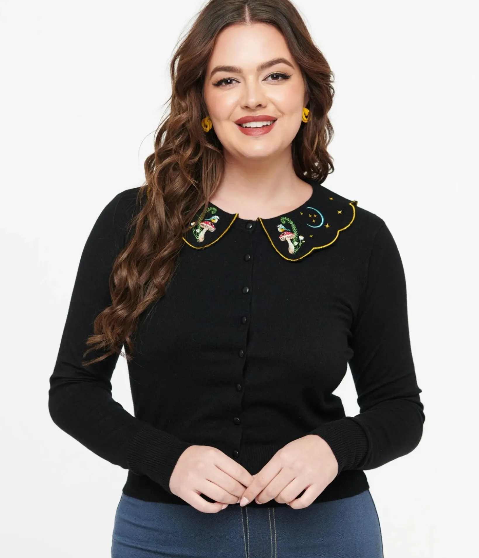 Unique Vintage Sweaters & Cardigans|Work Wear>Voodoo Vixen 1950s Black Midnight Mushroom Cardigan