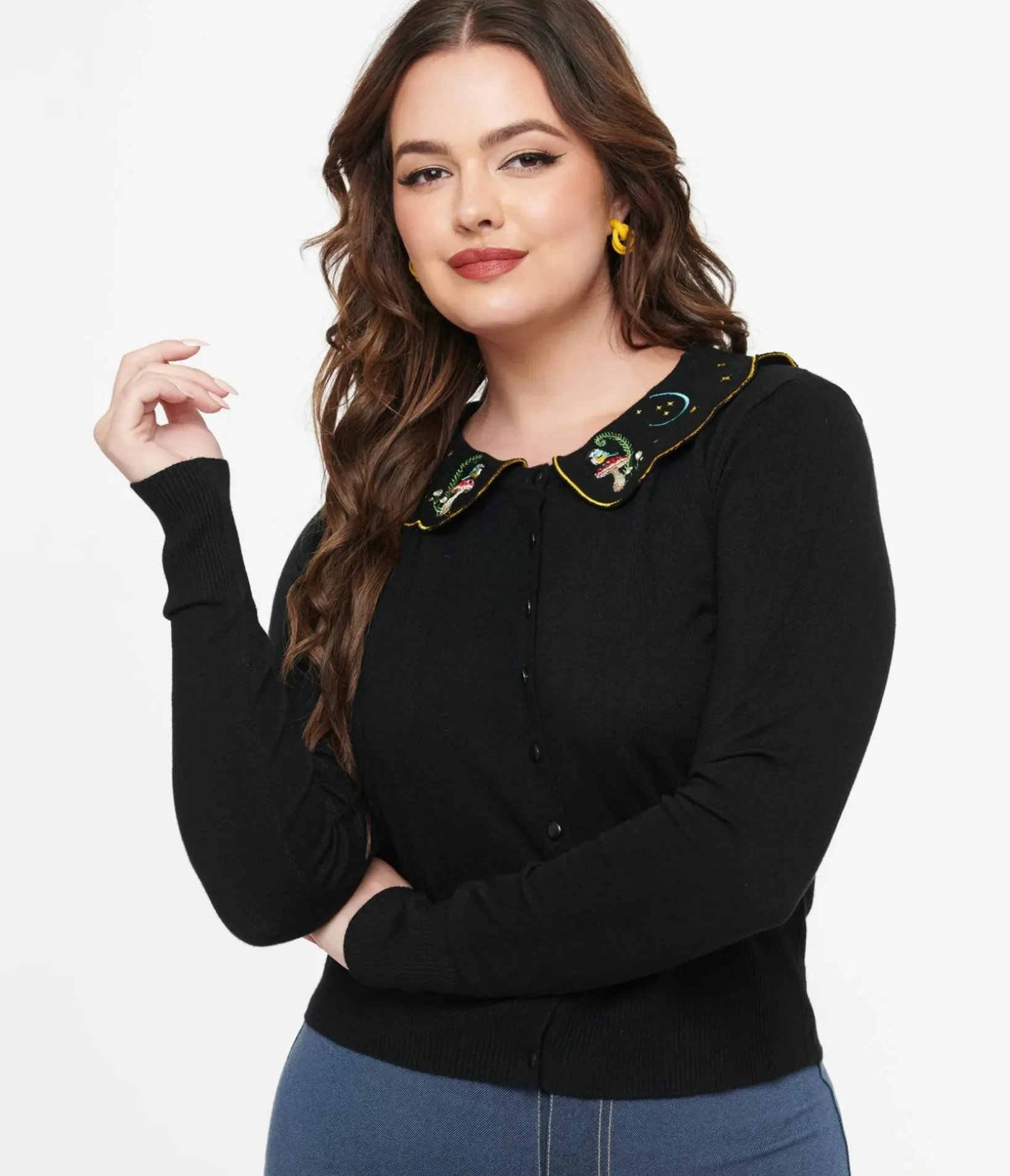 Unique Vintage Sweaters & Cardigans|Work Wear>Voodoo Vixen 1950s Black Midnight Mushroom Cardigan