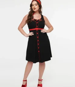 Unique Vintage Swing|Pocket Dresses>Voodoo Vixen 1950s Black & Red Western Rose Swing Dress