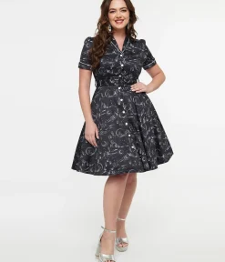 Unique Vintage Fit & Flare|Pocket Dresses>Voodoo Vixen 1950s Black & White Midnight Western Fit & Flare Dress