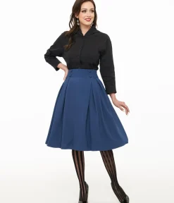 Unique Vintage Skirts|Skirts>Voodoo Vixen 1950s Blue Pleated High Waist Flare Skirt