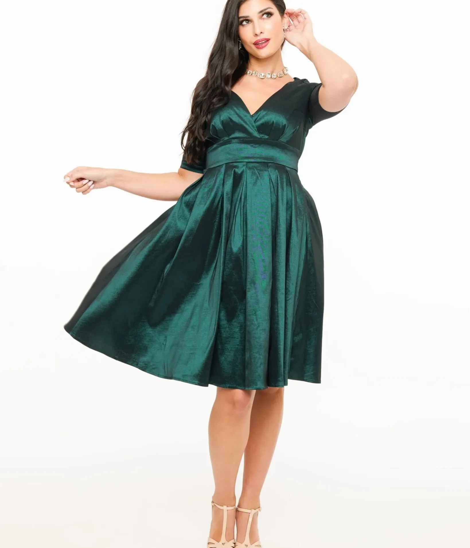 Unique Vintage Swing|Fit & Flare>Voodoo Vixen 1950s Emerald Taffeta Sweetheart Fit & Flare Dress