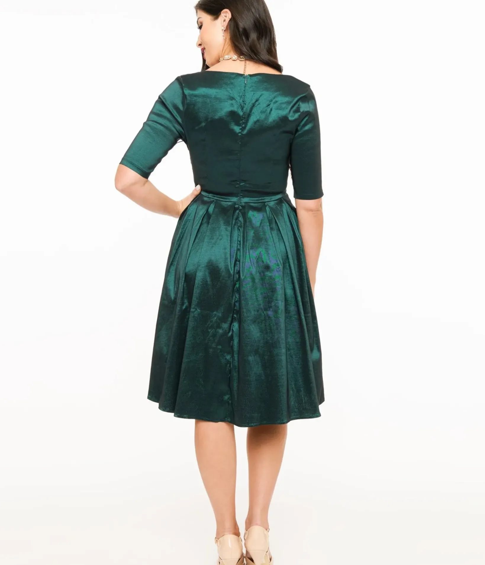 Unique Vintage Swing|Fit & Flare>Voodoo Vixen 1950s Emerald Taffeta Sweetheart Fit & Flare Dress