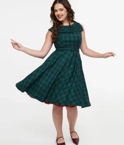 Unique Vintage Fit & Flare|Pocket Dresses>Voodoo Vixen 1950s Green Check Fit & Flare Dress