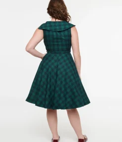 Unique Vintage Fit & Flare|Pocket Dresses>Voodoo Vixen 1950s Green Check Fit & Flare Dress