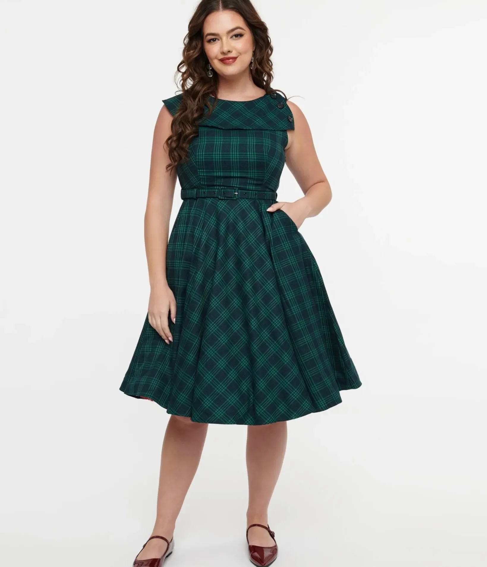 Unique Vintage Fit & Flare|Pocket Dresses>Voodoo Vixen 1950s Green Check Fit & Flare Dress
