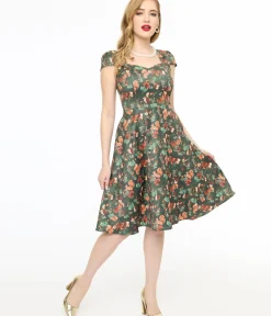 Unique Vintage Swing|Pocket Dresses>Voodoo Vixen 1950s Green Woodland Creatures Print Swing Dress