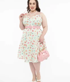 Unique Vintage Fit & Flare|Pocket Dresses>Voodoo Vixen 1950s Mint Green Sweet Tooth Print Fit & Flare Dress