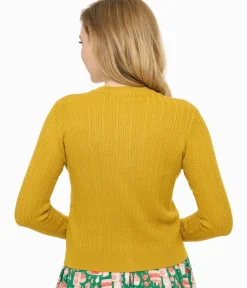 Unique Vintage Sweaters & Cardigans|Work Wear>Voodoo Vixen 1950s Mustard Yellow Textured Cardigan