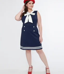 Unique Vintage Everyday Dresses|Summer Vacation>Voodoo Vixen 1950s Navy & White Nautical Bow Dress