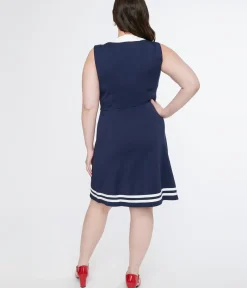 Unique Vintage Everyday Dresses|Summer Vacation>Voodoo Vixen 1950s Navy & White Nautical Bow Dress