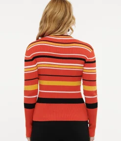 Unique Vintage Sweaters & Cardigans|Sweaters & Cardigans>Voodoo Vixen 1970s Orange Striped High Neck Sweater