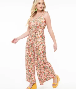 Unique Vintage Rompers & Jumpsuits|Rompers & Jumpsuits>Voodoo Vixen 1970s Pink Rainbow Floral Print Jumpsuit