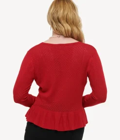 Unique Vintage Sweaters & Cardigans|Sweaters & Cardigans>Voodoo Vixen 1970s Red Diamond Knit Cardigan