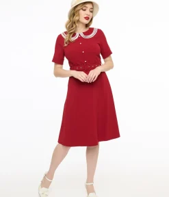 Unique Vintage Fit & Flare|Everyday Dresses>Voodoo Vixen 1950s Red Layered Collar Fit & Flare Dress
