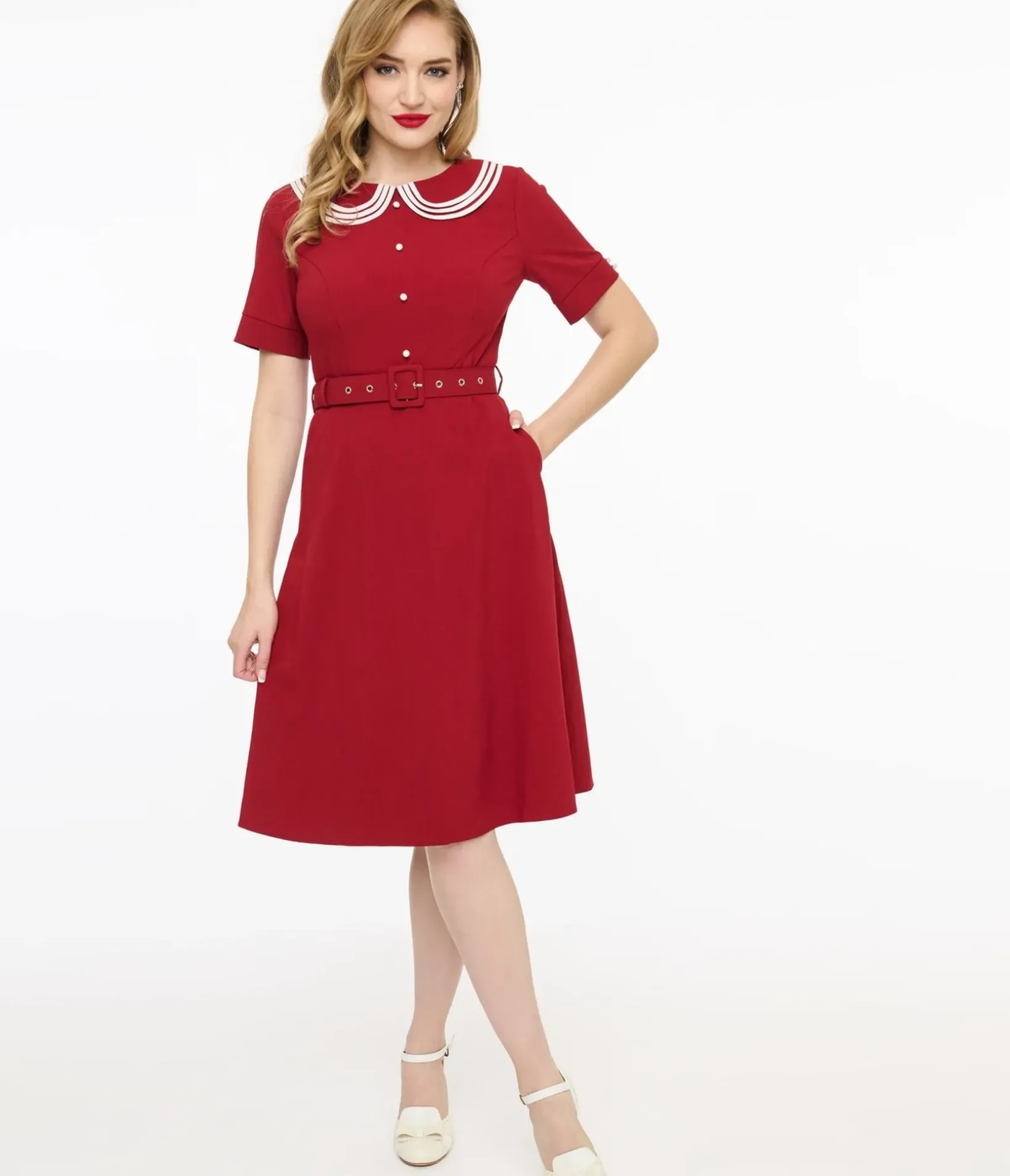 Unique Vintage Fit & Flare|Everyday Dresses>Voodoo Vixen 1950s Red Layered Collar Fit & Flare Dress