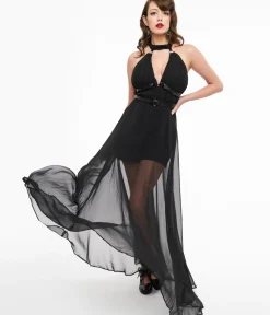 Unique Vintage Maxi|Midi & Maxi>Weasel Wear Black Ruched Harness Meggy Gown