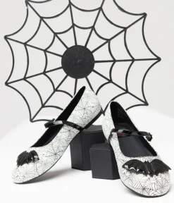 Unique Vintage Halloween|Flats>White & Black Bat Spiderweb Mary Jane Flats