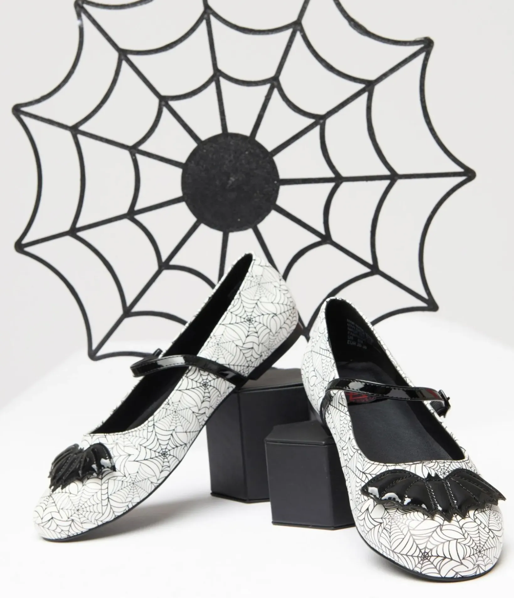 Unique Vintage Halloween|Flats>White & Black Bat Spiderweb Mary Jane Flats