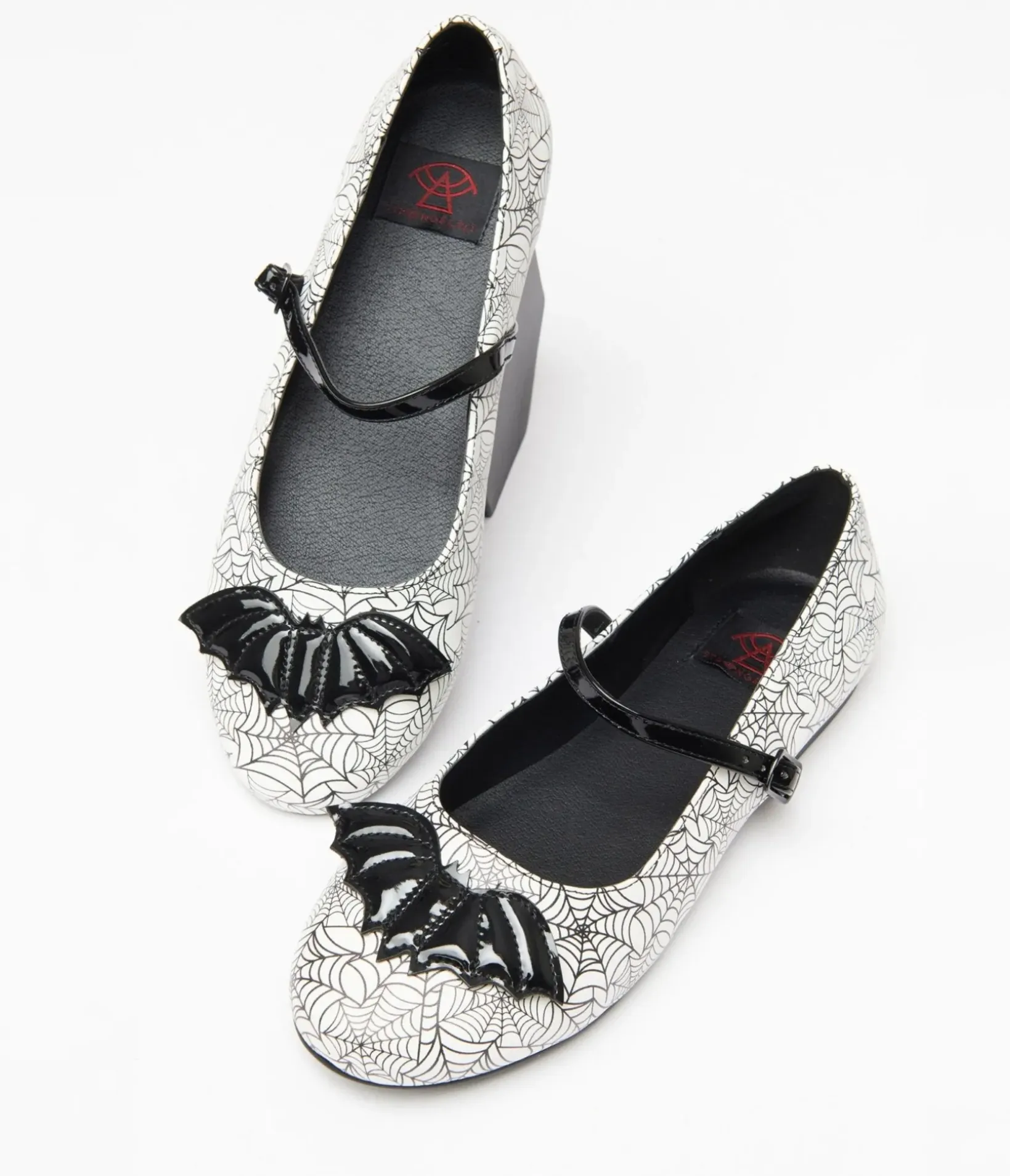 Unique Vintage Halloween|Flats>White & Black Bat Spiderweb Mary Jane Flats