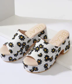 Unique Vintage Heels|Sandals>White & Black Daisy Print Platform Mule