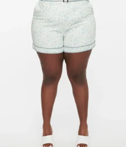 Unique Vintage Shorts|Shorts>White & Dusty Blue Floral Belted Shorts