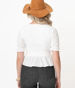 Unique Vintage Blouses>White Eyelet Peplum Jolene Blouse