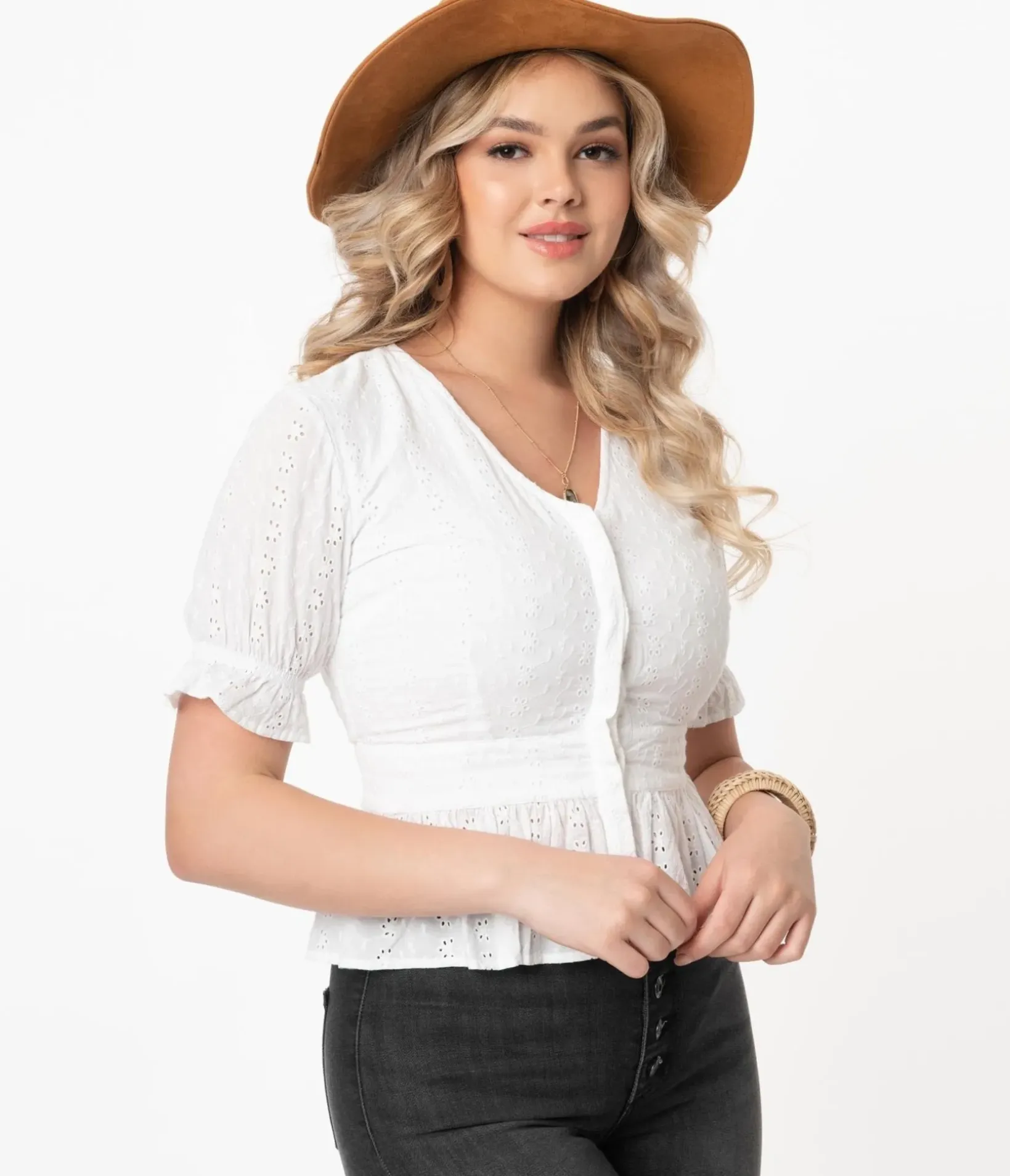 Unique Vintage Blouses>White Eyelet Peplum Jolene Blouse