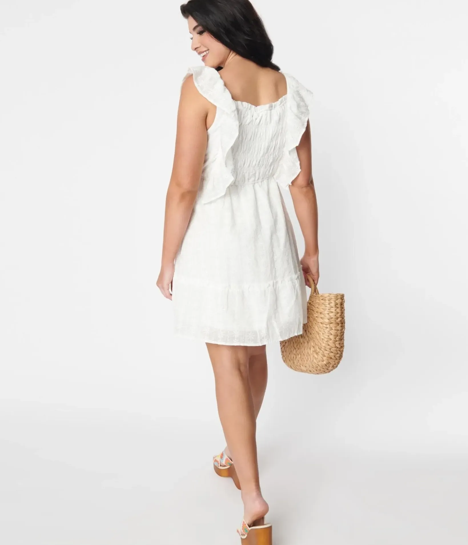Unique Vintage Pocket Dresses|Everyday Dresses>White Floral Embroidered Ruffled Shift Dress
