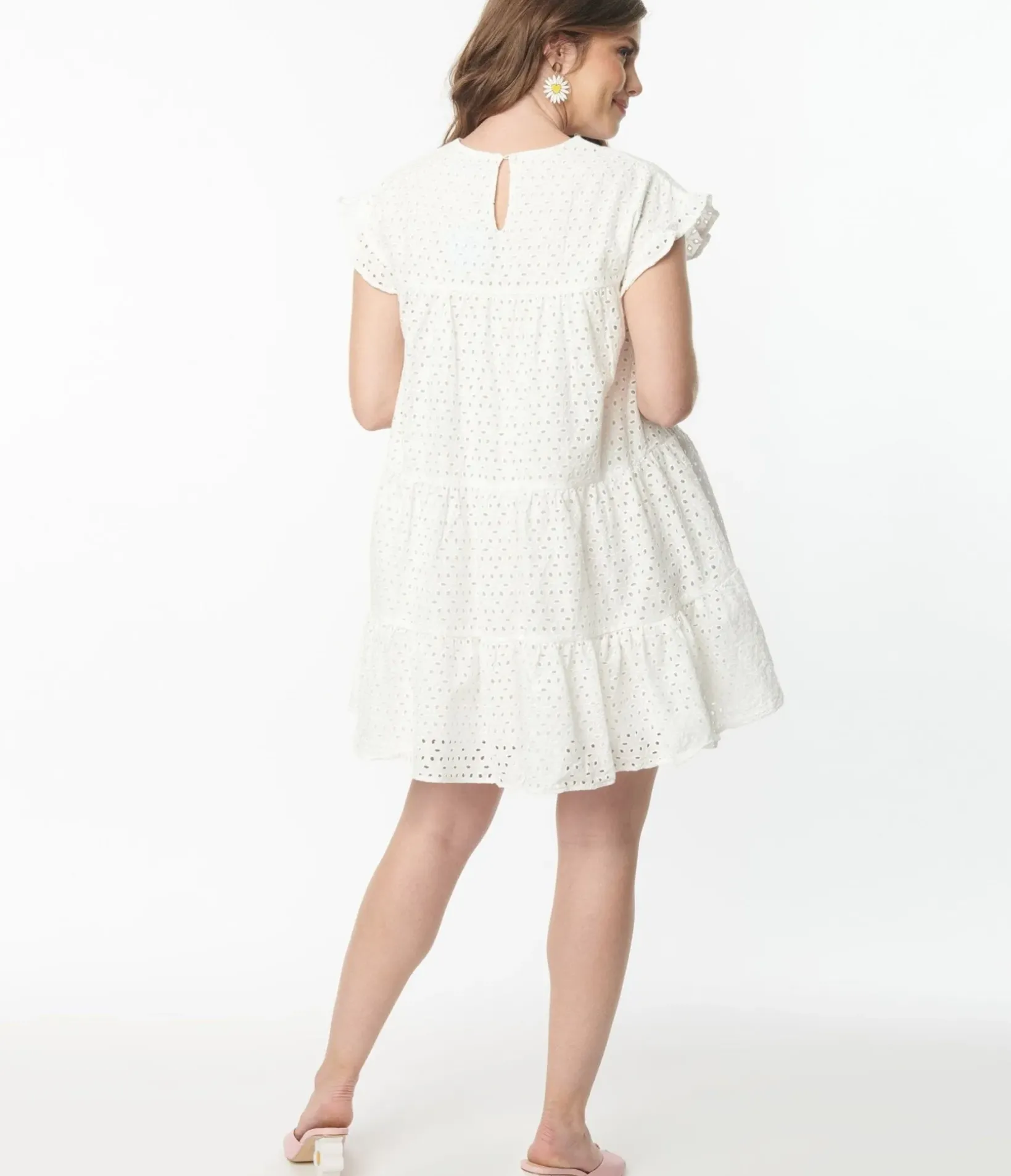 Unique Vintage Babydoll|Babydoll>White Flutter Sleeve Eyelet Dress