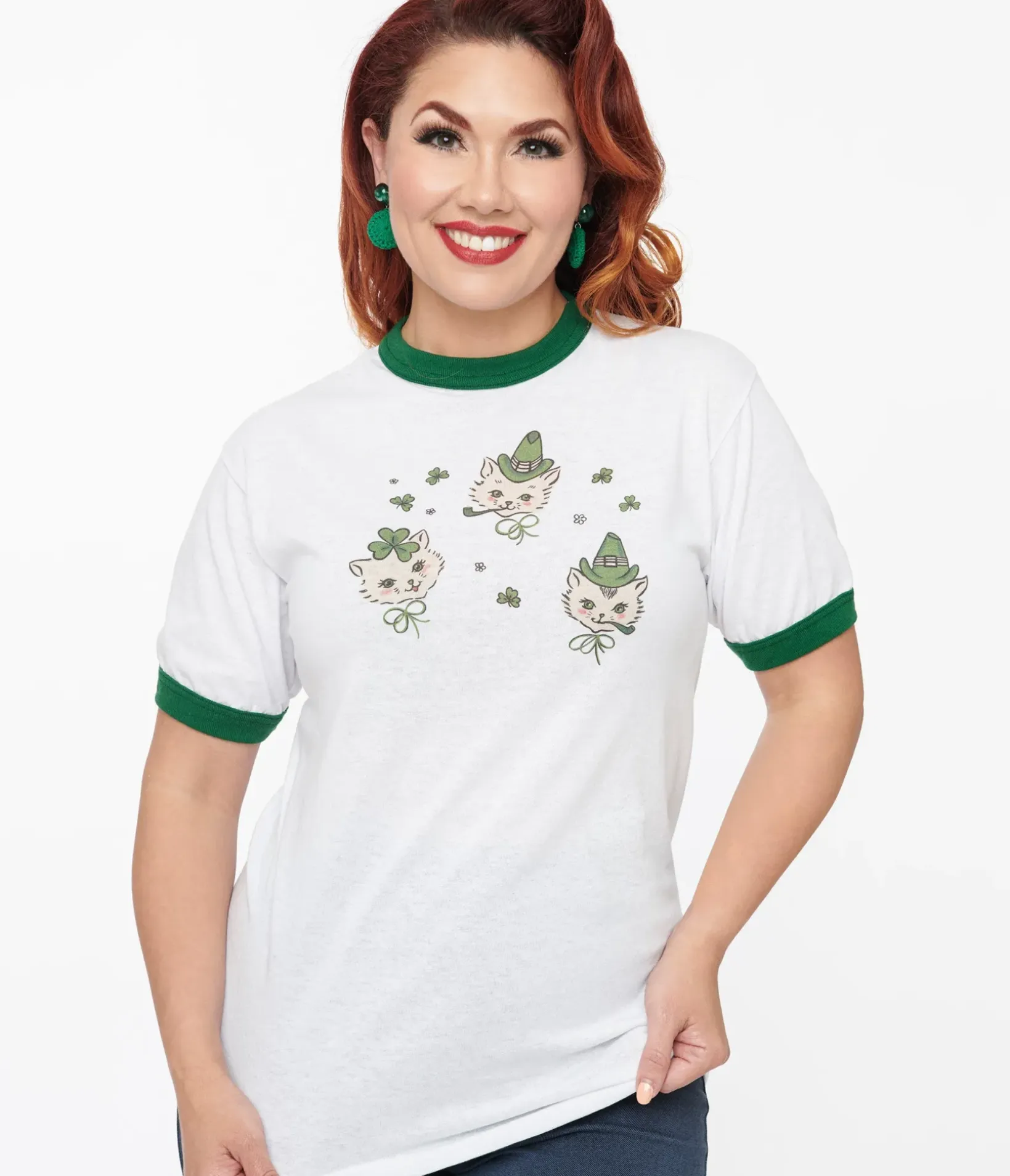 Unique Vintage Graphic Tees>White & Green Saint Paddy Cats Fitted Graphic Tee