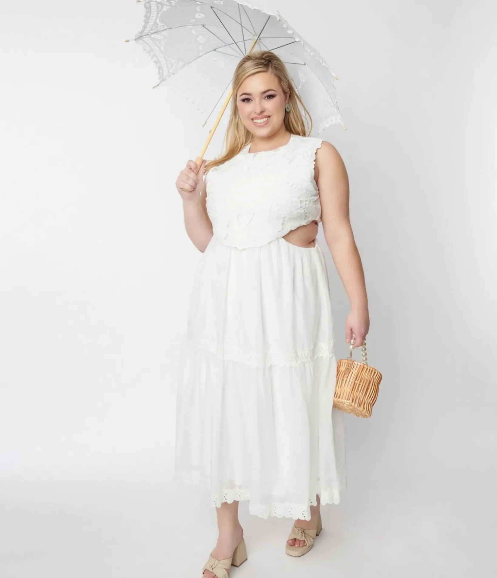 Unique Vintage Midi|Everyday Dresses>White Lace Front Midi Dress