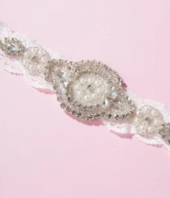 Unique Vintage Special Occasion|Wedding Accessories>White Lace & Rhinestone Bridal Garter Set