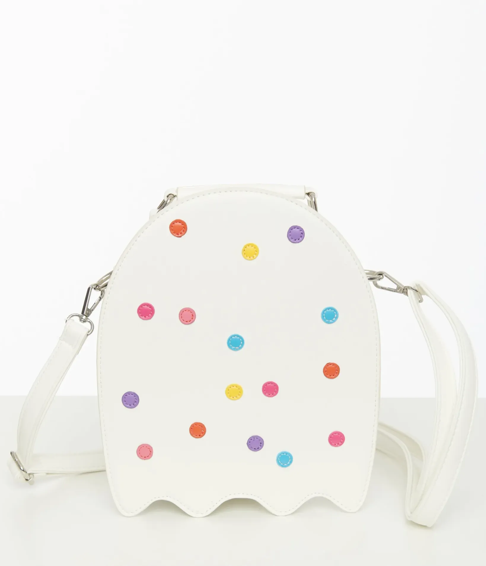 Unique Vintage Novelty Bags>White Leatherette Circus Cookie Ghost Crossbody Bag