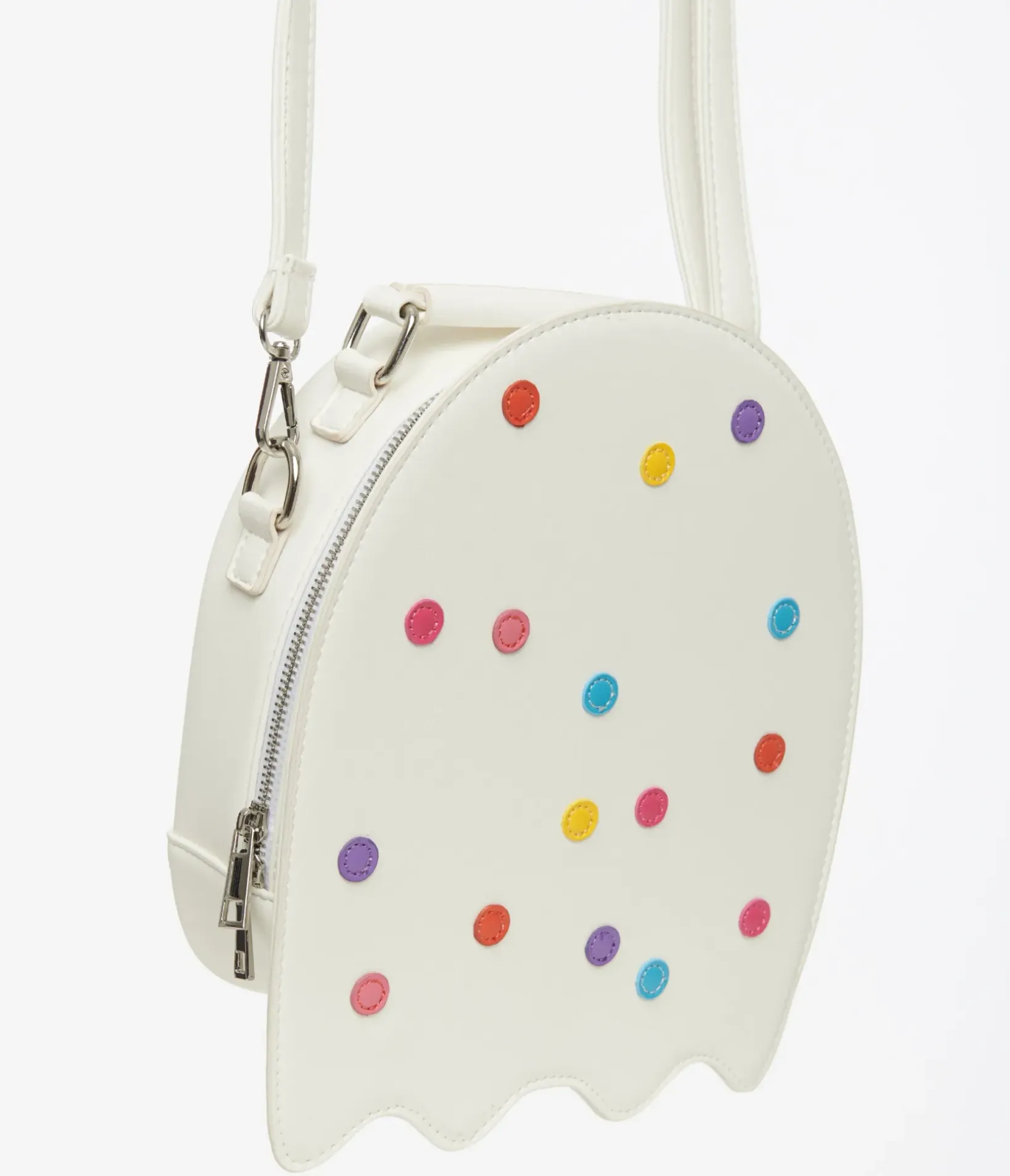 Unique Vintage Novelty Bags>White Leatherette Circus Cookie Ghost Crossbody Bag
