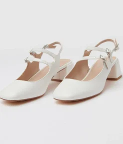 Unique Vintage Heels>White Leatherette Double Strap Mary Jane Slingback Heels