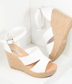 Unique Vintage Heels|Wedges>White Leatherette Espadrille Wedge Sandals