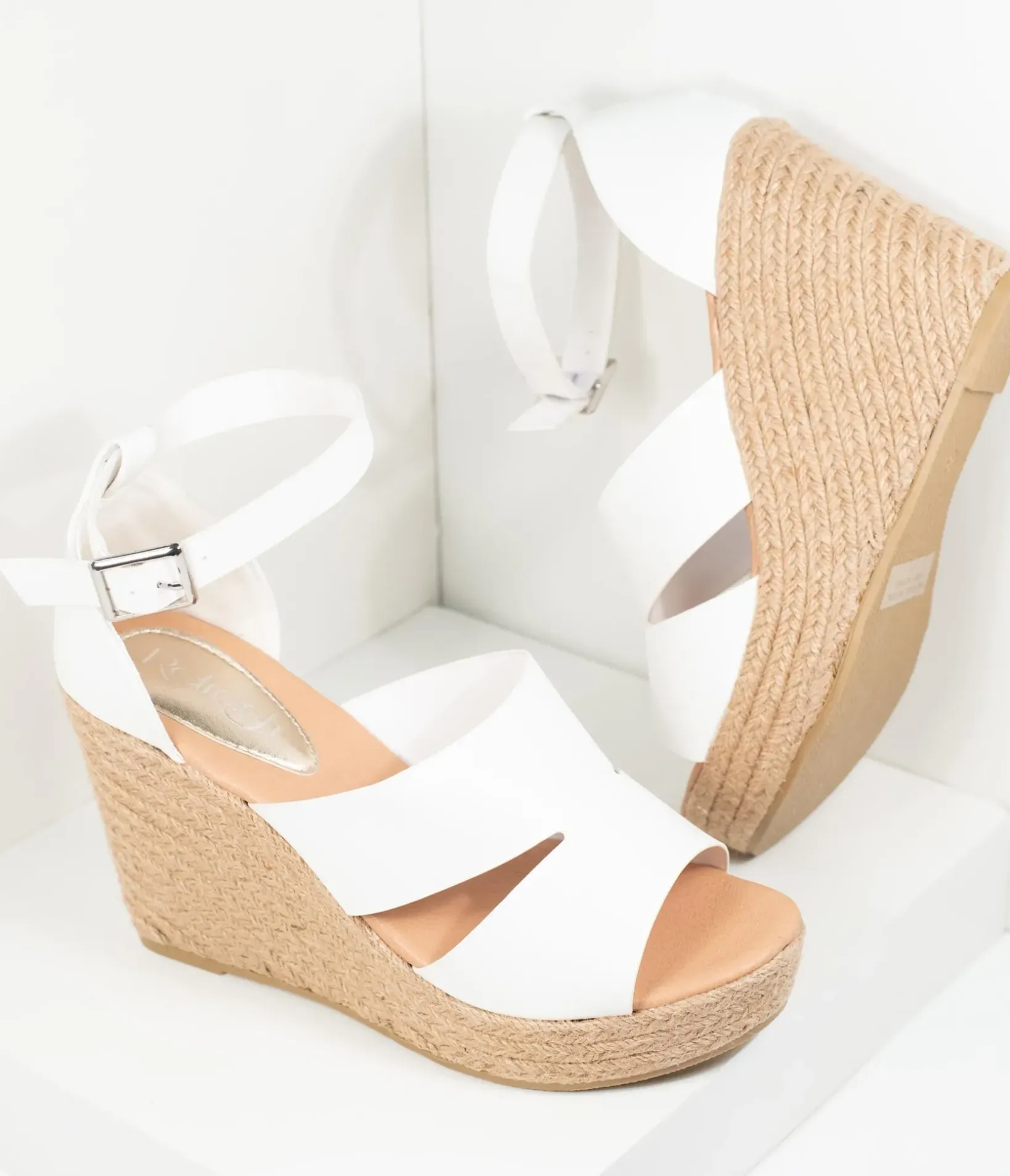 Unique Vintage Heels|Wedges>White Leatherette Espadrille Wedge Sandals