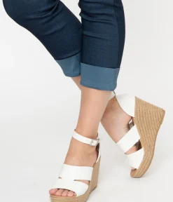 Unique Vintage Heels|Wedges>White Leatherette Espadrille Wedge Sandals