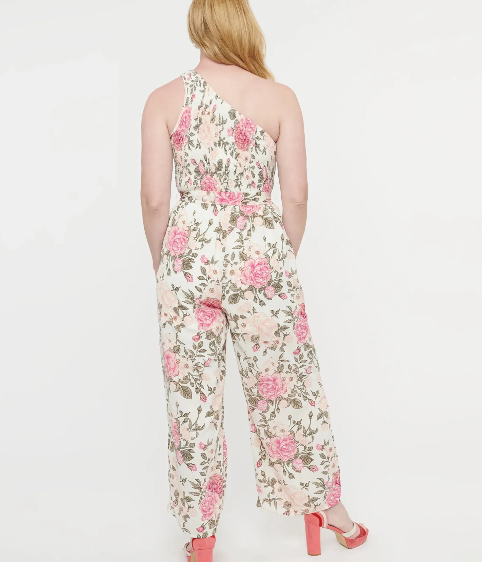 Unique Vintage Rompers & Jumpsuits|Rompers & Jumpsuits>White & Pink Floral Asymmetrical Chiffon Jumpsuit