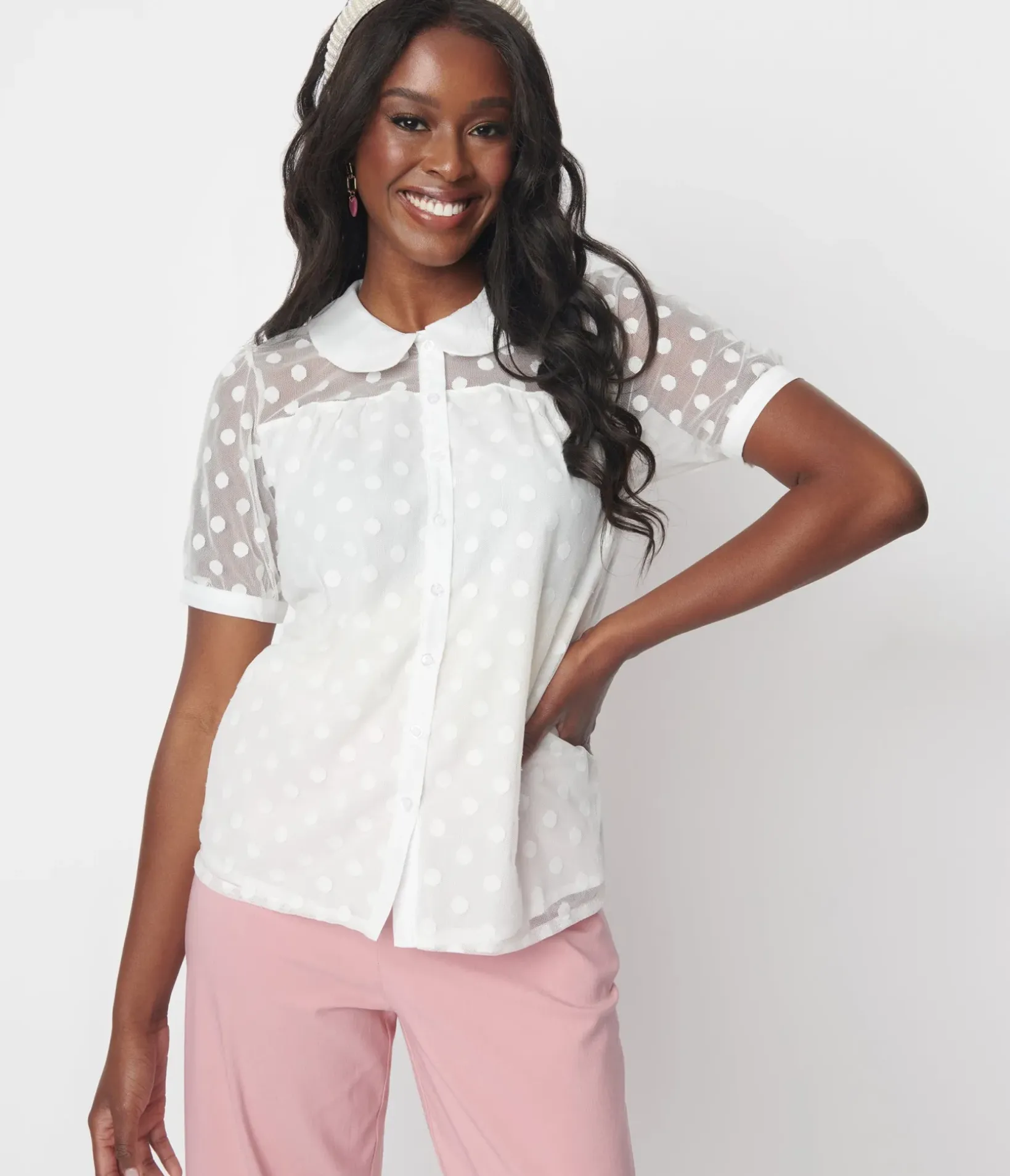 Unique Vintage Blouses|Work Wear>White Polka Dot Mesh Button Down Top