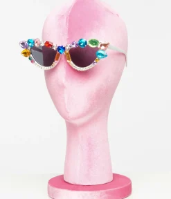 Unique Vintage Pride|Sunglasses>White & Rainbow Gemstone Cat Eye Sunglasses
