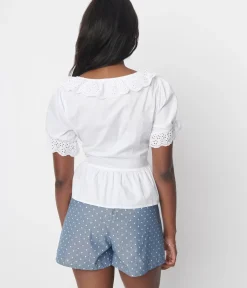 Unique Vintage Blouses>White Scallop Eyelet Trim Fernanda Blouse