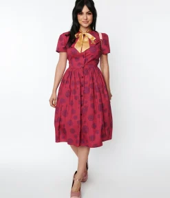 Unique Vintage Swing|Pocket Dresses>Willy Wonka x Berry Swirls & Gold Bow Swing Dress