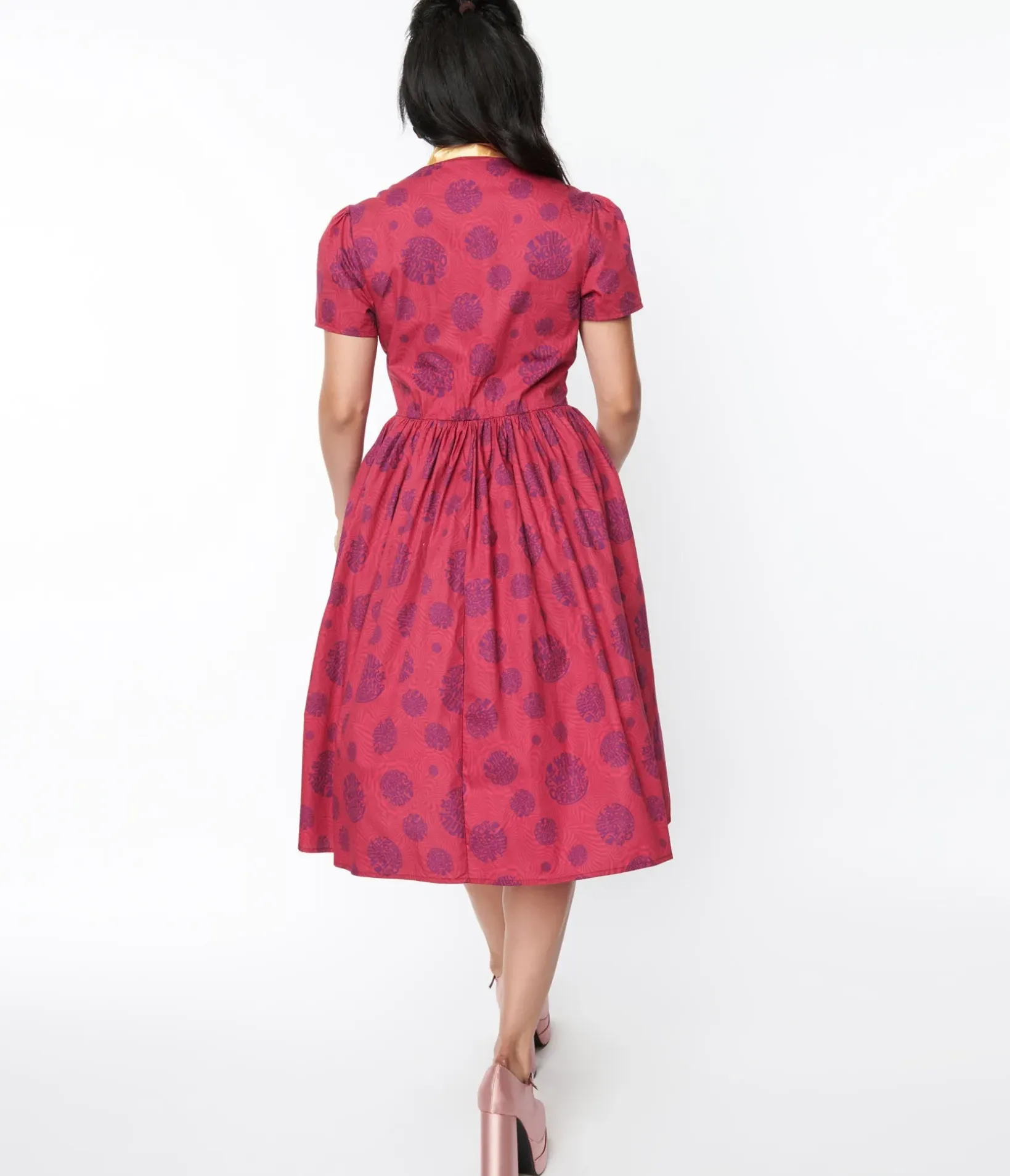 Unique Vintage Swing|Pocket Dresses>Willy Wonka x Berry Swirls & Gold Bow Swing Dress